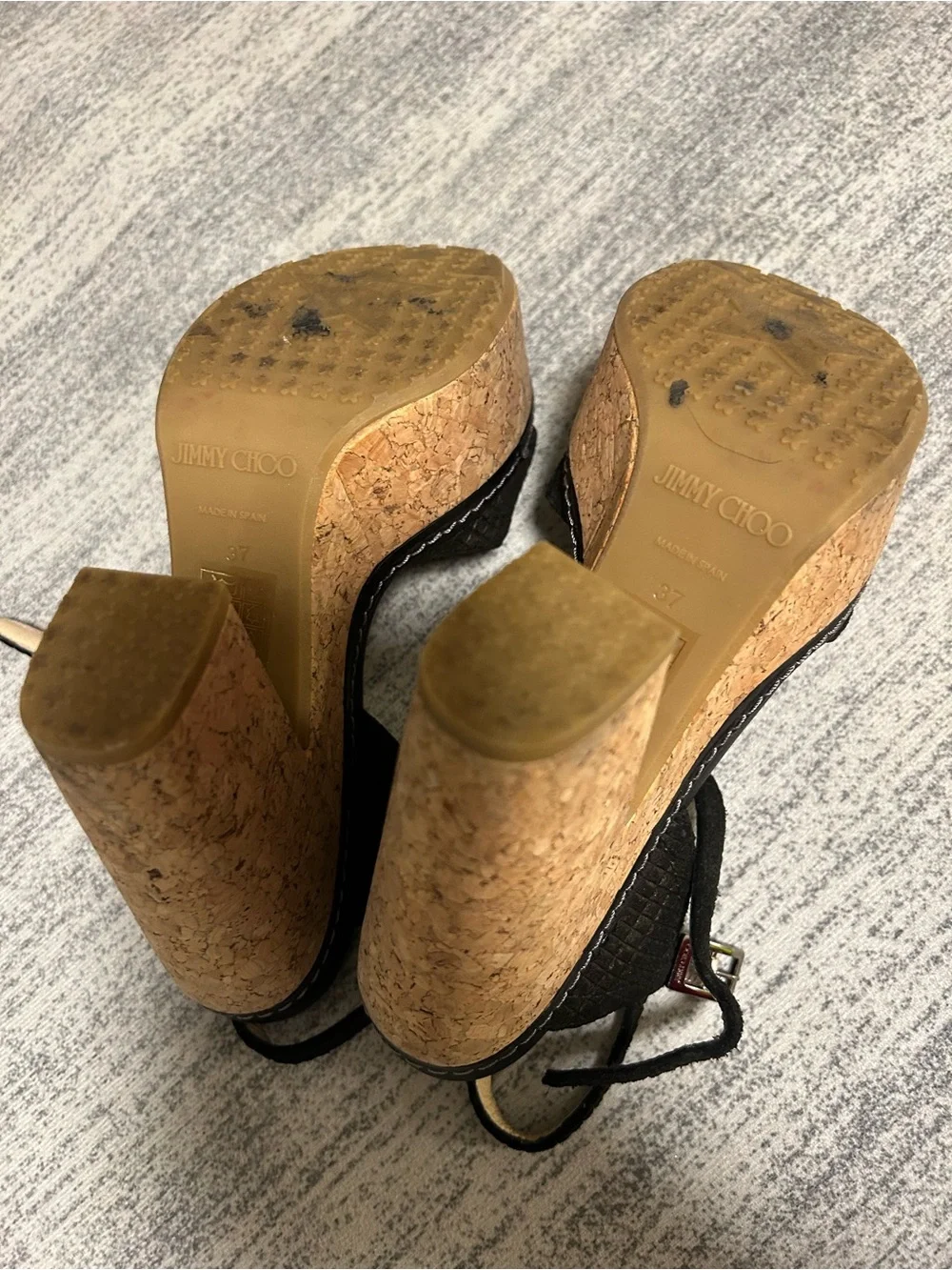 Jimmy Choo Black Leather Cork Wedge Sandals